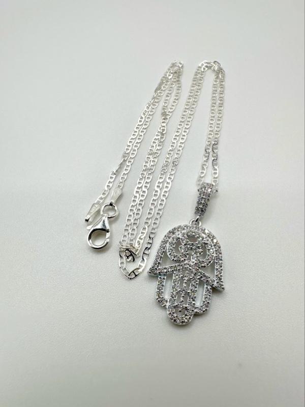 Hamsa Hand of Fatima with Evil Eye  925 Sterling Silver Pendant with 20” Marine Chain — Symbol of Protection & Good Energy