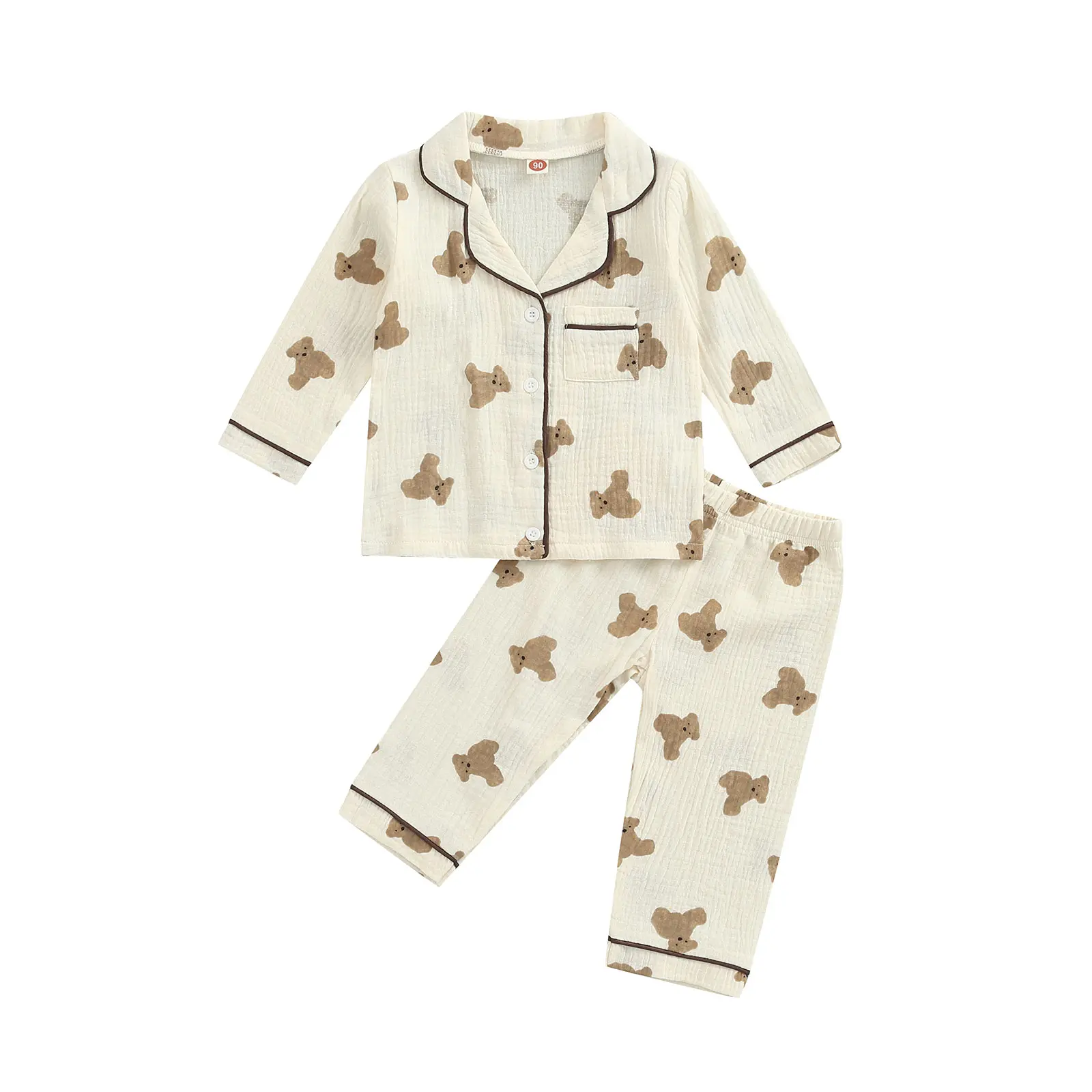 Canrulo Toddler Baby Boy Girl 2Pcs Pyjamas Set Bear Long/Short Sleeve Button Down Shirt Tops Trousers Sleepwear