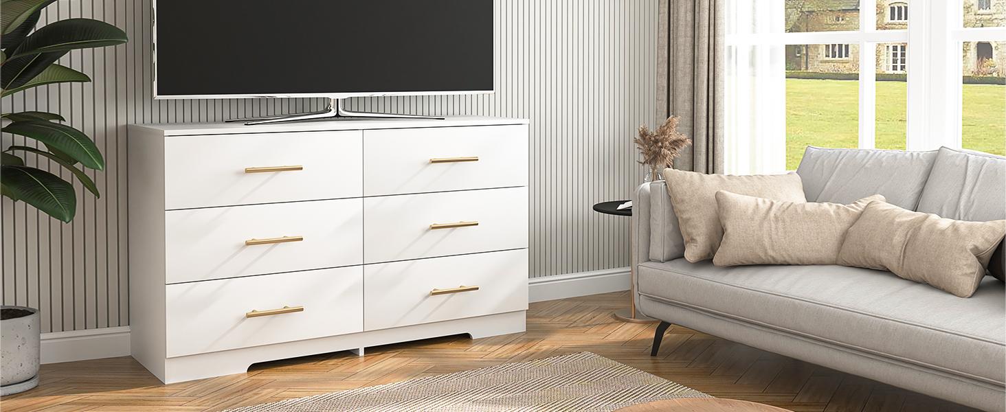 6 Drawer Wooden  Dresser, Large Storage Cabinet Modern Chest of 6 Drawers Night Table, Bedroom Storage Organizer, Storage Dresser Chest of Drawers for Bedroom, Closet, Living Room