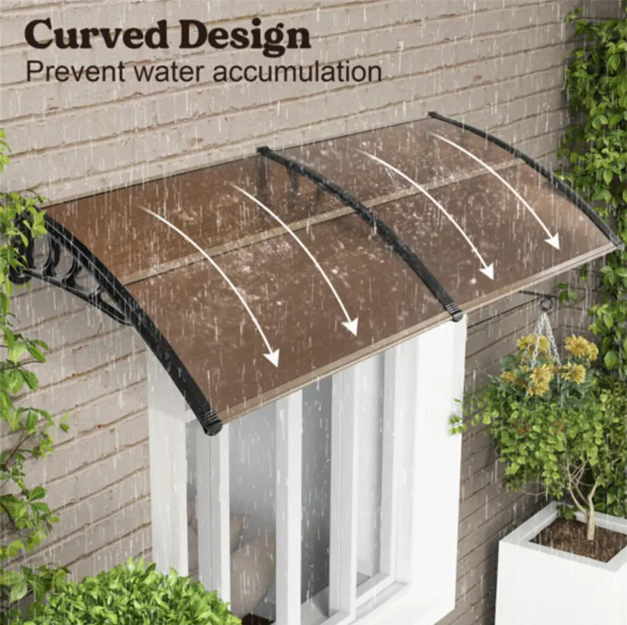40x80 in Brown Curved Polycarbonate Outdoor Canopy Shelter - Waterproof Canopy Shade, Eco-Friendly Window Door Awning with Black Brackets, Durable All-Weather Rain Cloth Accessory for Protecting from Rain, Doors, 40 Inch X 80 Inch