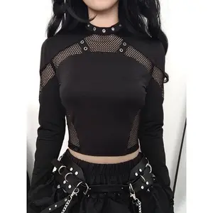 Long Sleeve Y2K Mesh Gothic Style Slim Crop Top, Women's Clothing T-shirt