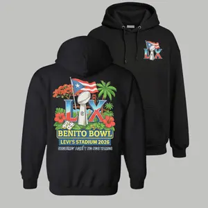 LEM Original Menswear 100% US Cotton Unisex Long Sleeve Pullover Hoodie Sweatshirts, Soft Kangaroo Pocket, Benito Bowl LX Puerto Rico Flag 2026 Stadium Print, Relaxed American Fit Casual Fan Streetwear
