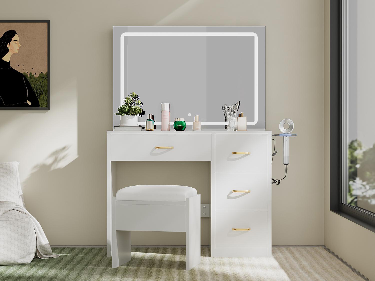 YITAHOME Makeup Vanity with Lighted Mirror, Vanity Desk with Power Strip, Adjustable Lighting, 4 Drawers, and Cushioned Stool for Bedroom, Dressing Room