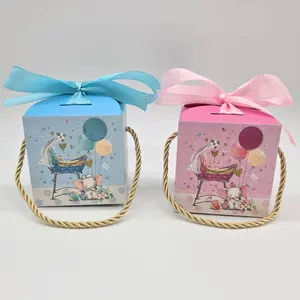 Baby Shower Favor Boxes - 12 pack - Elephant & Floral Designs with Gold Handles - Pink or Blue Gender Reveal Candy Gift Boxes