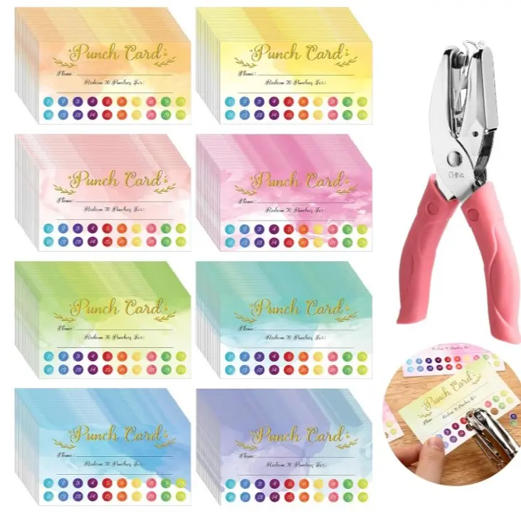 200 Piece Reward Punch Card Set with Hole Puncher for Classrooms Home Small Business School Supplies Students Teachers