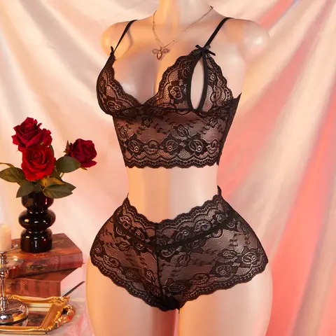 AESKEIA Women's Exotic Lacy V-Neck Bridal 2-Piece Lingerie Set - Hollow Out Lace Camisole, Open Crotch Bows Shorts for Everyday Wear