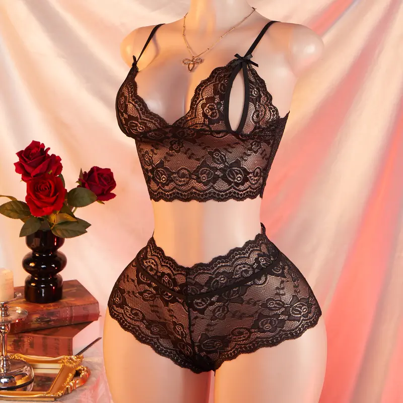 AESKEIA Women's Exotic Lacy V-Neck Bridal 2-Piece Lingerie Set - Hollow Out Lace Camisole, Open Crotch Bows Shorts for Everyday Wear