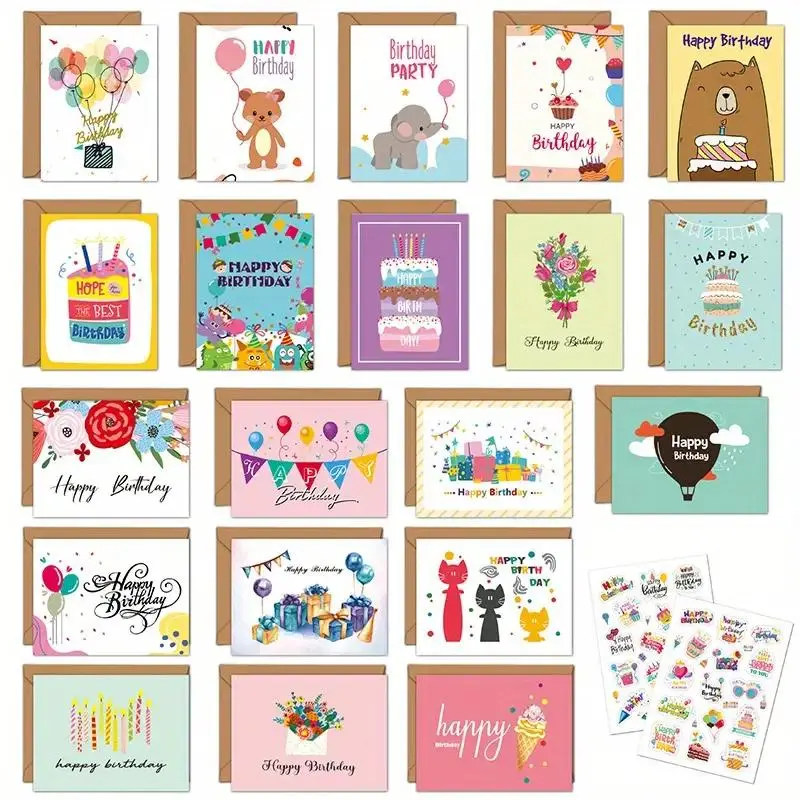 20 Birthday Cards with Envelopes, Blank Inside, Blank Cards and Envelopes, Assorted Designs, Happy Birthday Greeting Cards, Thank You Cards, Anniversary Cards