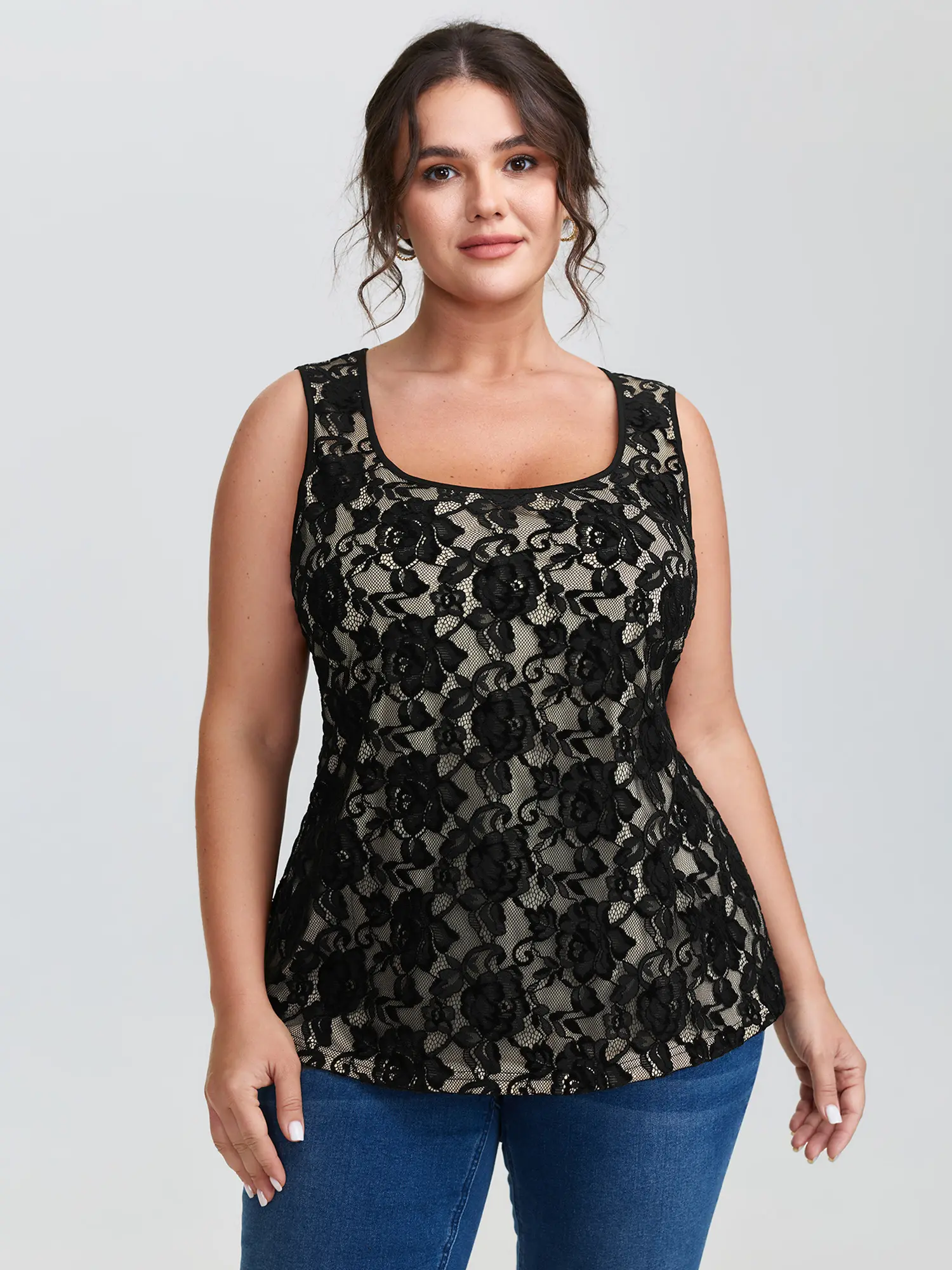BloomChic Women's Casual Boho Floral Lace Knit Tank Top, U-Neck Breathable Sleeveless Top with Contrast Detail, Regular Fit, Non Stretch, Black, Fitted