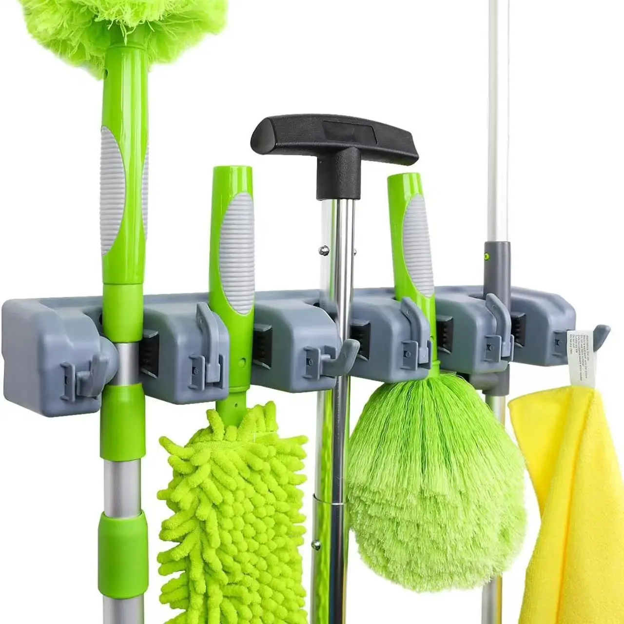 Abs Heavy-Duty Wall-Hanging Broom and Mop Rack, Durable Tool Organizer with 5 Spring Slots and Hooks, for Garage, Laundry Room Organization, 2.36x16.9x3.35in Gray Home Organizer Hook & Rail
