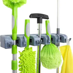 Heavy-Duty Wall-Mounted Rectangular Broom Storage Rack with Hooks & Dividers, Mop Holder & Tool Organizer for Home, Garage, Laundry Room, 2.36×16.9×3.35 in Home Organizer Hook & Rail