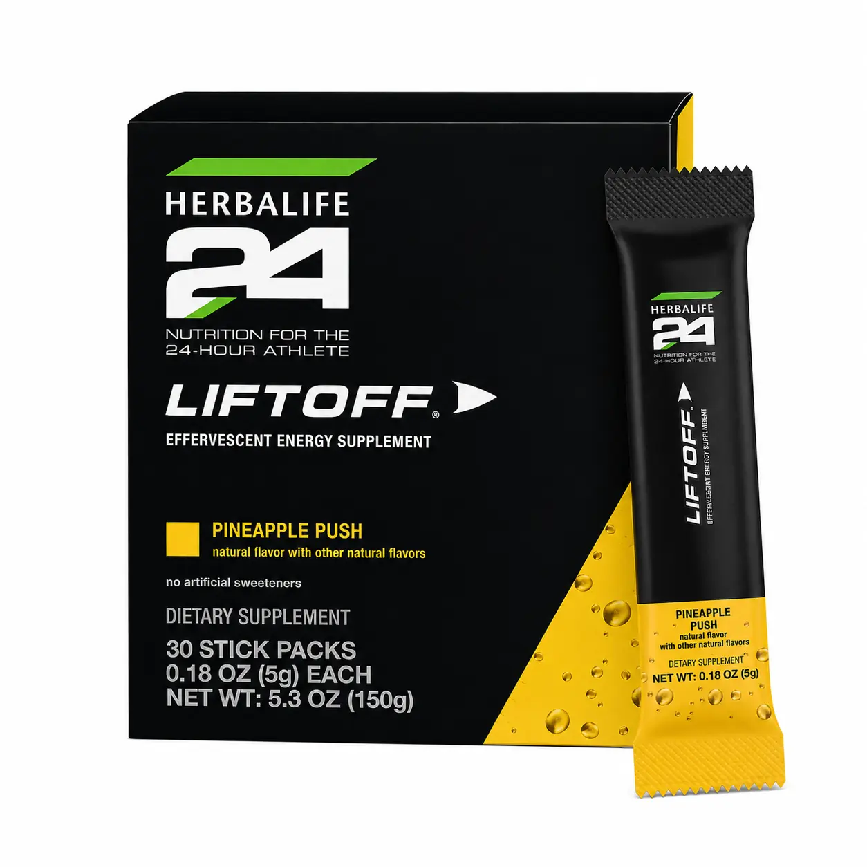 Herbalife24 Liftoff Pineapple Push  30 stick packs Effervescent Energy Drink Mix Natural Caffeine B Vitamins On-The-Go Sticks for Active Days