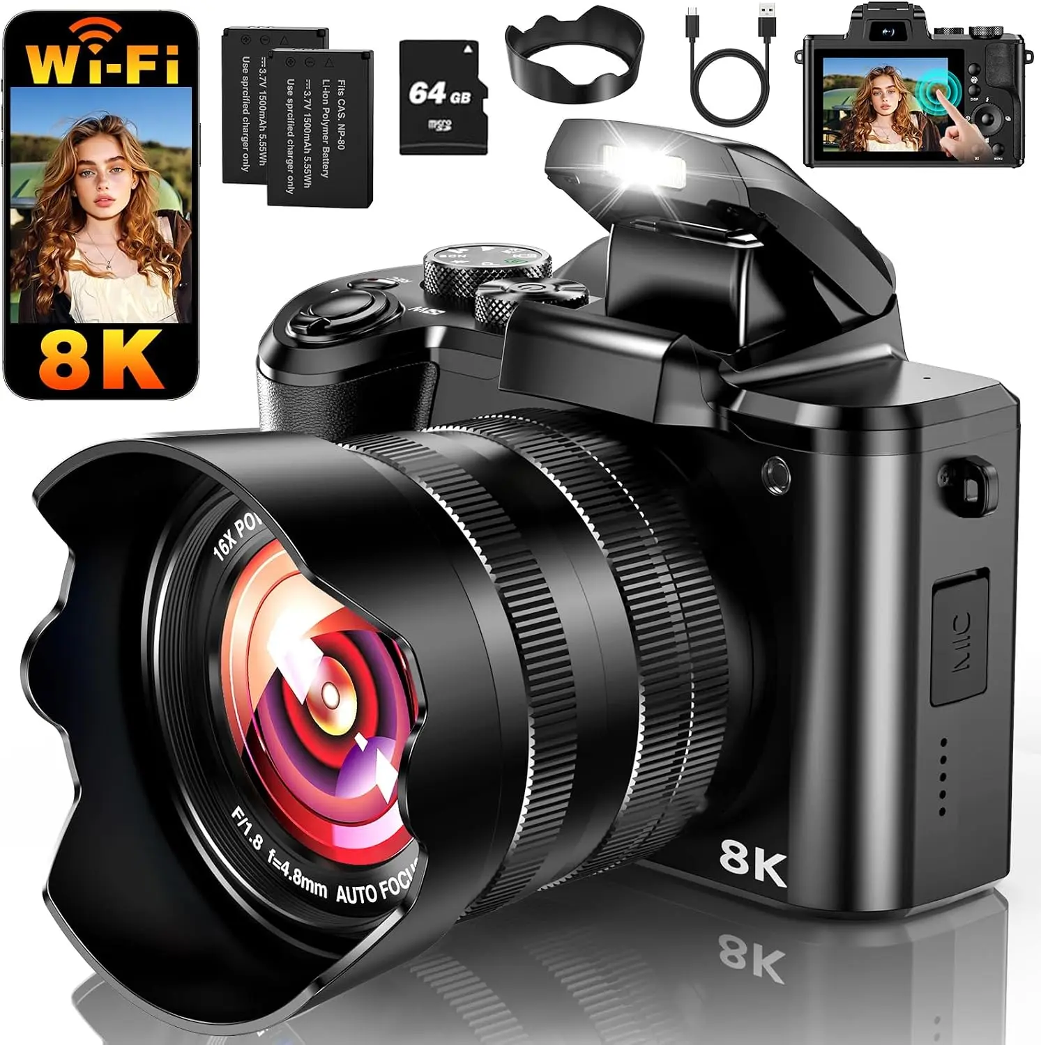 NSOELA Mirrorless Digital Camera with Lens, Flash, 88MP Photo Capture, 3.2" Touchscreen, 16x Zoom, Rechargeable Battery, HDMI Connectivity, Beginner-Friendly WiFi – Ideal for Anniversary, Christmas, Birthday Ideas