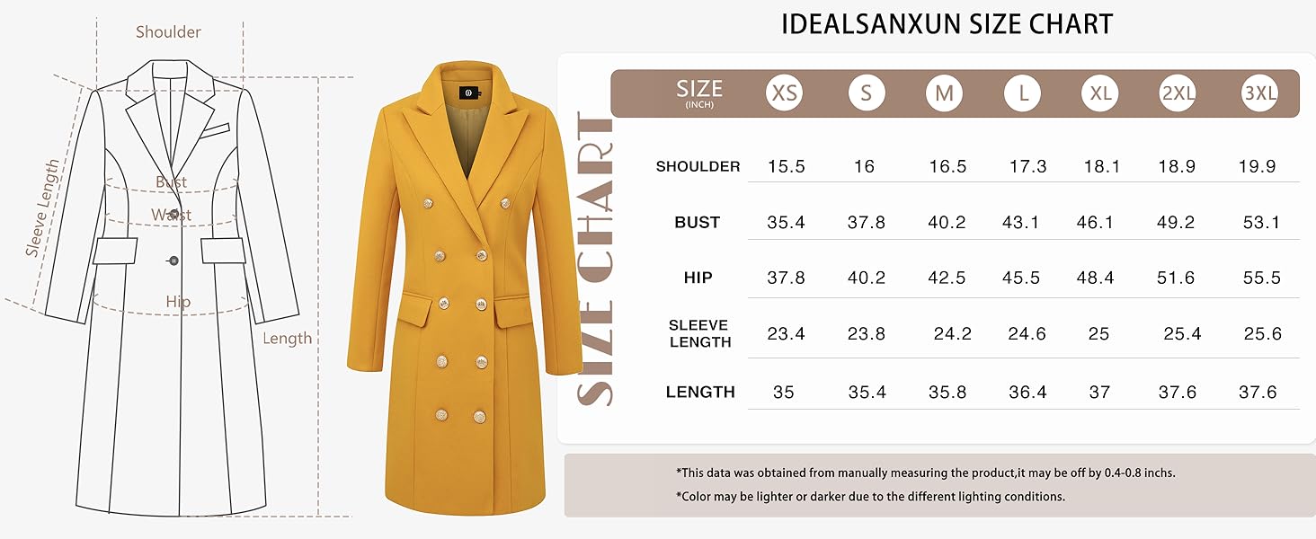 IDEALSANXUN Womens Fall Winter Wool Coats Double Breasted Midi Peacoat Trench Coats overcoat jacket