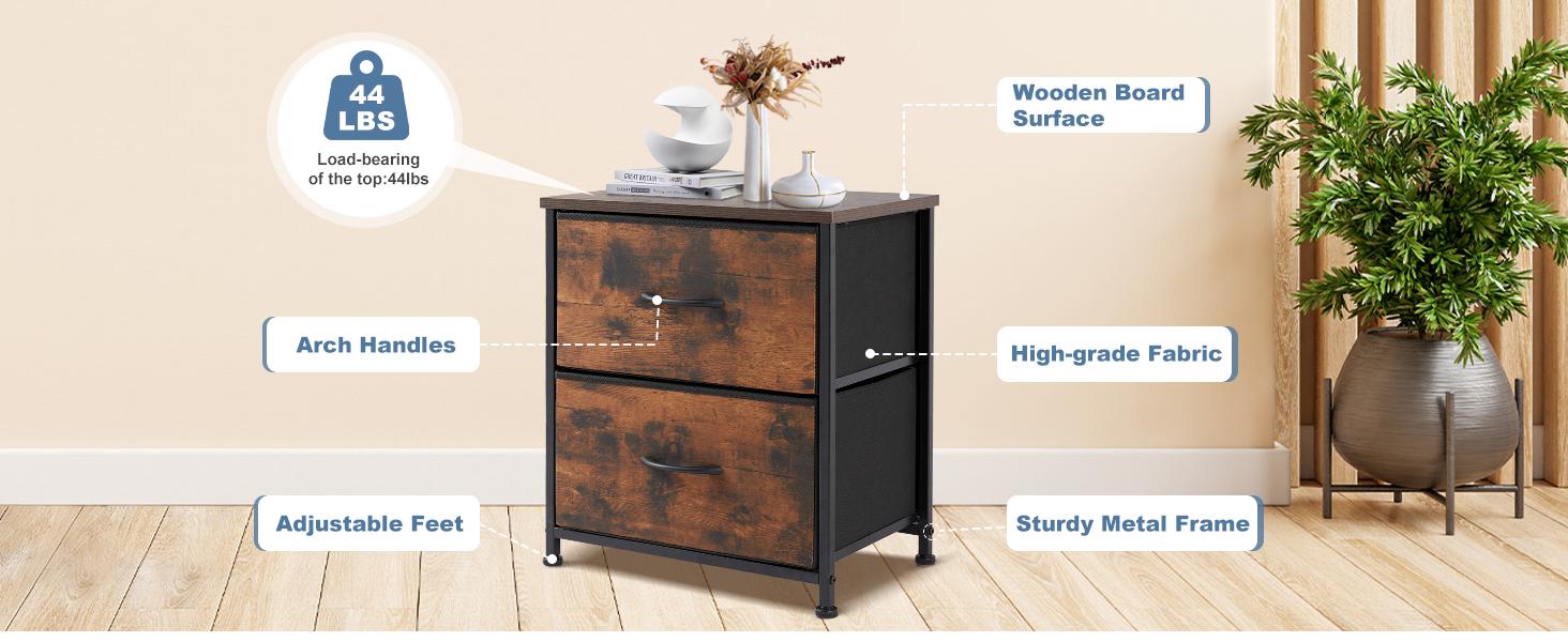 Nightstand with 2 Fabric Drawers, Tall Nightstand, Dresser,  End Table, Bedside Table, Bedroom Furniture for Living Room, Entryway, Nursery, Closet