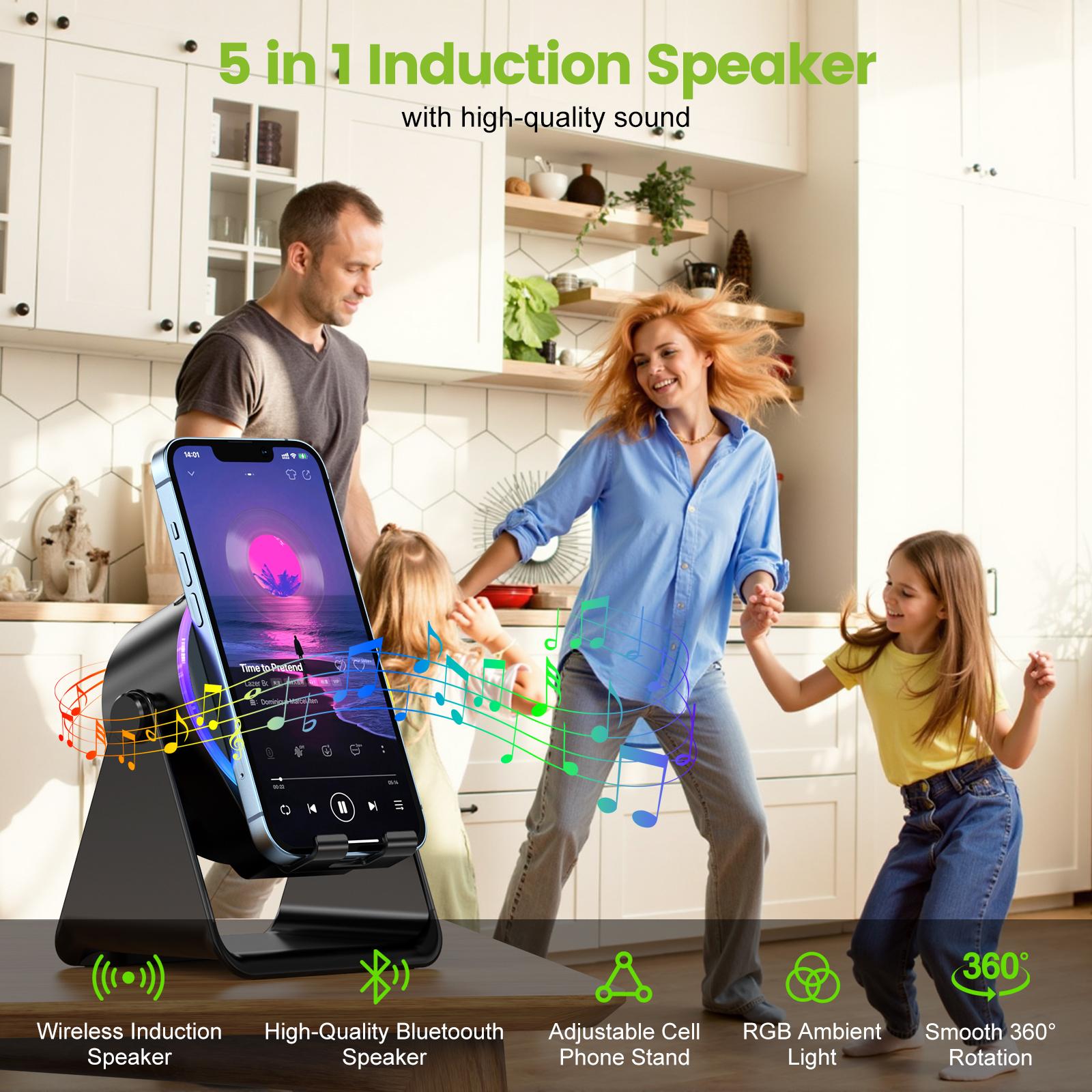Dohelly 5 IN 1 Wireless Induction Audio Bluetooth Speaker, 360° Rotation Stand with LED, Universal Speaker Stands for Surround Sound&Charger,Portable Desktop Stand Gift for Home, Shower, Outdoors, Travel. Gifts for Men Women Dohelly 5 IN 1 Wireless Induction Audio Bluetooth Speaker, 360° Rotation Stand with LED, Universal Speaker Stands for Surround Sound&Charger,Portable Desktop Stand Gift for Home, Shower, Outdoors, Travel. Gifts for Men Women