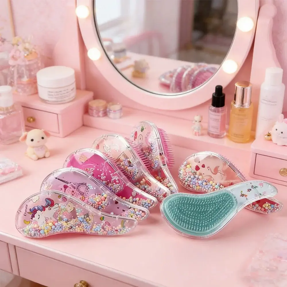 Transparent Cartoon Detangling Hair Brush, Anti Tangle Massage Comb With Flowing Beads, Cute Kids Hair Styling Accessories, Girls Dress Up Toy Birthday Gift For Children
