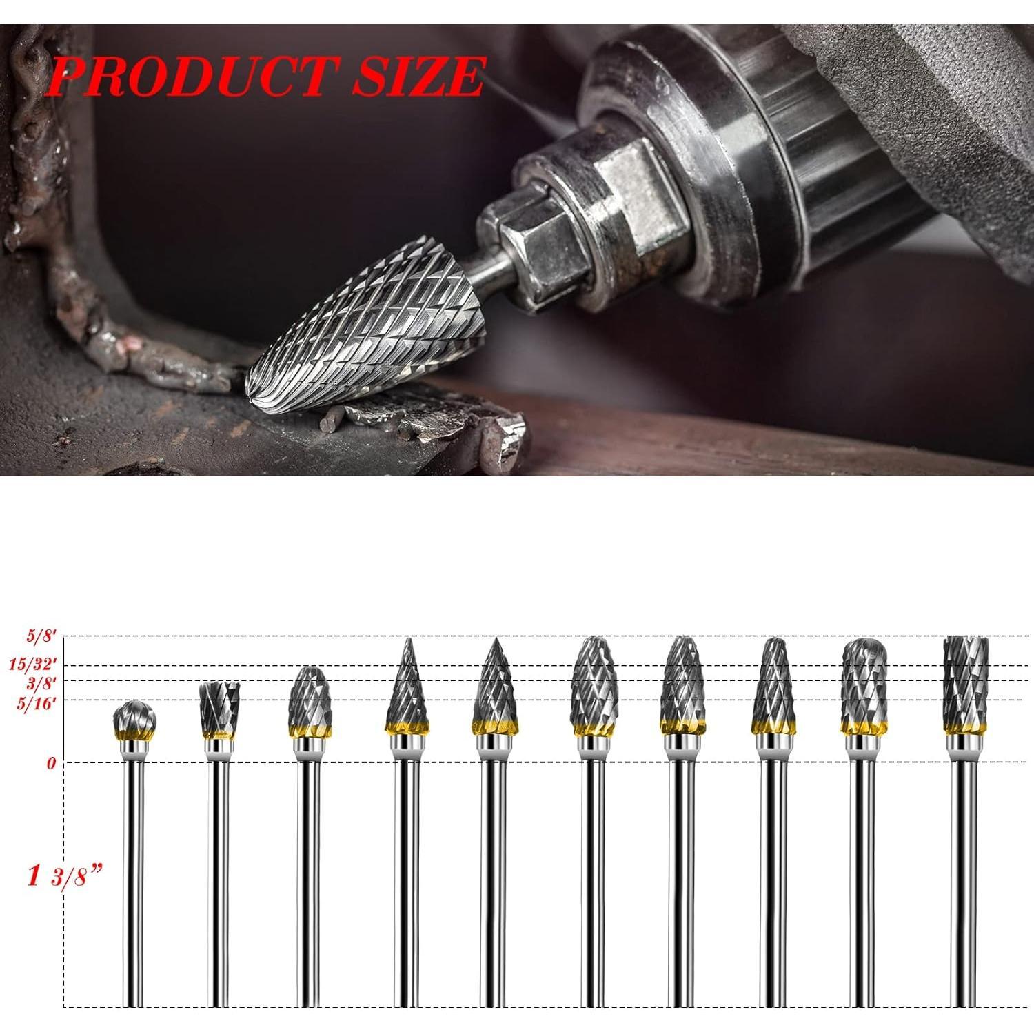 Tungsten Carbide Rotary Burr Set - 10 Count Double Cut Carving Burr Bits 1/8" Shank 1/4" Grinding for DIY Carving Metal Polishing Engraving Drilling