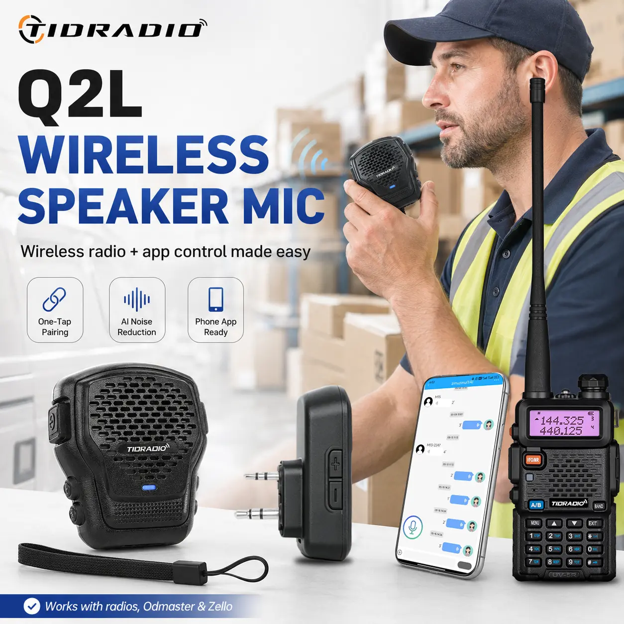 TIDRADIO Q2L Multifunctional Walkie Talkie Wireless Speaker Mic for Ham Radio, Bluetooth PTT Microphone with AI Noise Reduction, Odmaster Global PTT Communication, Optional BL-2 Adapter for Wireless Programming Most Radios #tiktokshopsummersale