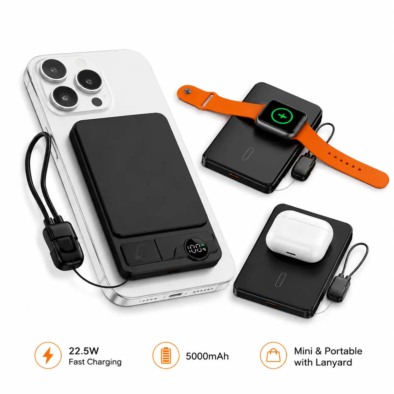 Magnetic Power Bank 5000mAh with Built-In USB-C Cable and Metal Kickstand, 20W Fast Charging Portable Battery Pack with LED Display for iPhone 17/16/15/14/13/12 Durable Protection