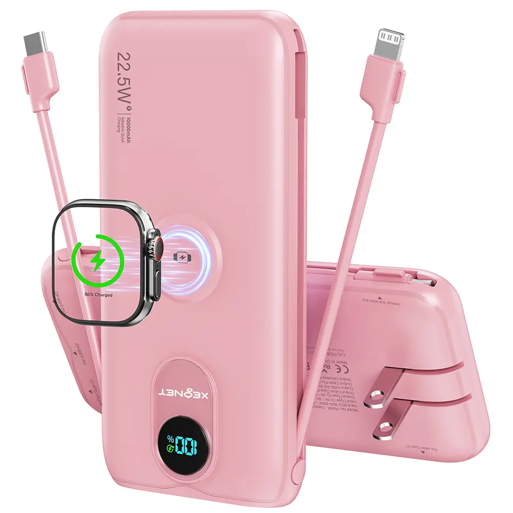 Citicr Portable Charger Gift with Built-in Cables & Wall Plug, 10000mAh Portable Power Bank, The Best Gift External Battery Pack Travel Essentials Compatible  iWatch Wireless Charger with iPhone Android etc,Gift for Mom, Wife, Best Friend