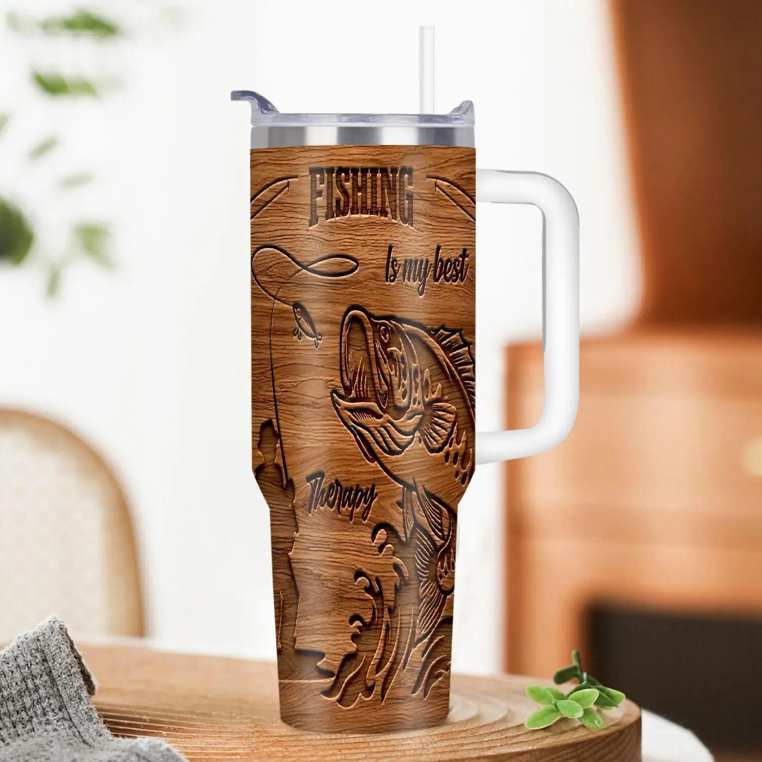 40oz/1100ML Wood Grain Fishing Pattern Vacuum Insulated Stainless Steel Tumbler Flask with Lid, Double-Wall Drinkware, Insulated Water Cup, Hot and Cold Water Spillproof Vacuum Flask, Funny Fishing Lover Gift, Hot And Cold Water Vacuum Flasks