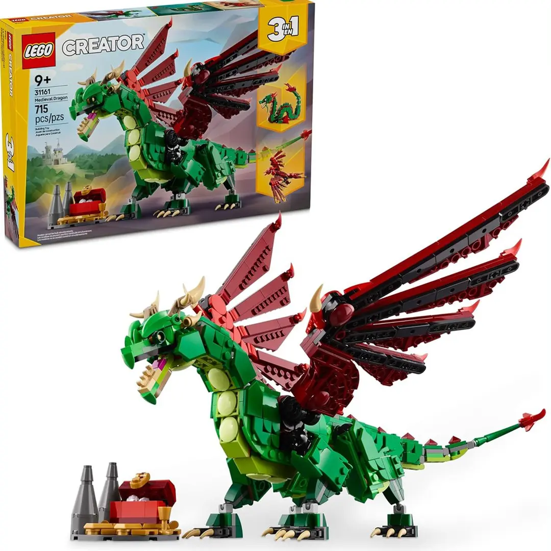LEGO Creator 3 in 1 Medieval Dragon Building Toy (31161) - 715 Pieces, 3 Different Building Options, Medieval Action Theme, Mythical Animals Design, Included Treasure Chest, Model Building Kit, Block Kit