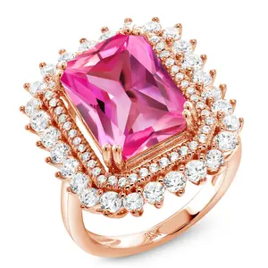 Gem Stone King Gemstone Birthstone Halo Ring For Women | 18K Rose Gold Plated Silver | Emerald Cut 14X10MM | Wedding Anniversary Promise Statement Ring | Available In Size 5, 6, 7, 8, 9