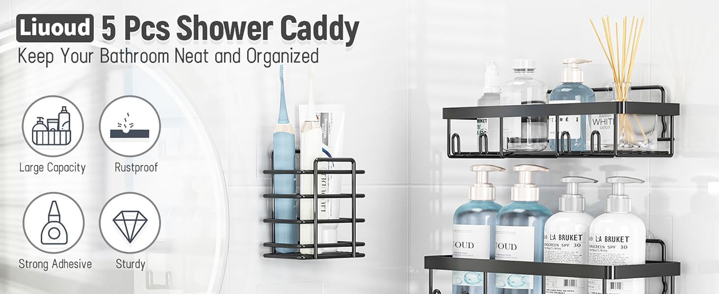 5-Pack Black Rustproof Waterproof Stainless Steel Wall-Mounted Shower Caddy Set, No-Drill Adhesive Installation Shower Organizer with Toothbrush & Soap Holders, Large-Capacity Bathroom Accessory, Apartment Decor, 2026 Easter Sale Deal