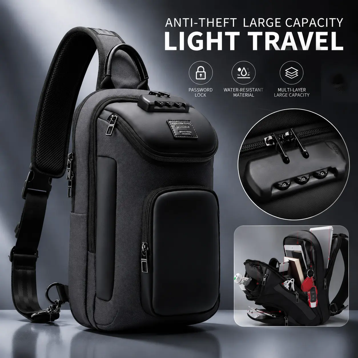 Men's Casual Large Capacity Chest Bag Multi-Functional Waterproof Shoulder Bag Crossbody Bag Tablet Bag New Password Lock Chest Bag, Travel Men's Multi-Functional Casual Outing Motorcycle Bike Large Capacity Backpack, Men's Shoulder Bag, Outdoor Large Cap