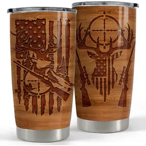 20oz Stainless Steel Insulated Hunting Tumbler - Wood-Style American Flag, Portable Vacuum Flask Coffee Mug with Lid, Gift for Men (Christmas, Birthday)