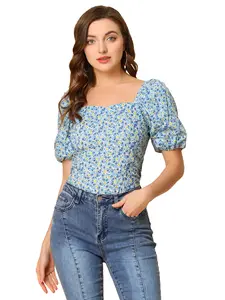 INSPIRE CHIC Women's Puff Sleeve Square Neck Peasant Floral Blouse Top
