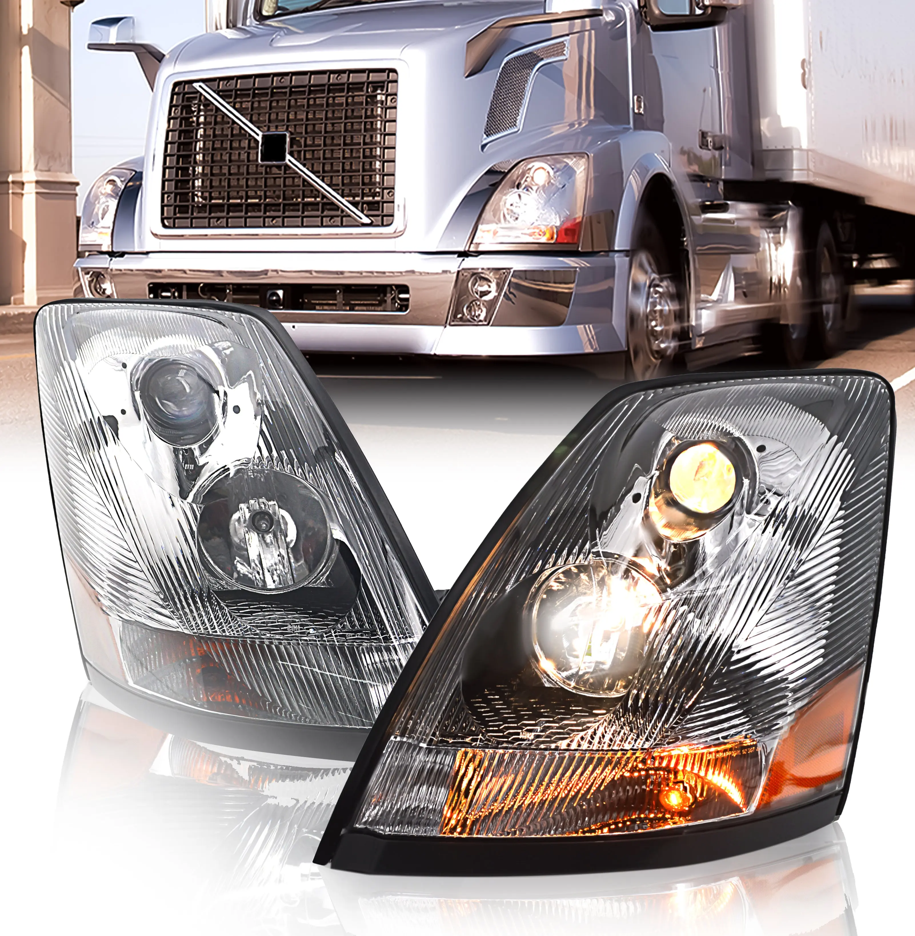 Torque Chrome Housing Headlight Pair Assembly for 2004-2017 Volvo VNL Semi Trucks, Driver Left-Right Set with Halogen Bulb, 9005 High Beam, Amber Turn Signals, Side Marker Lights, DOT SAE Approved (TR063-L, TR063-R)