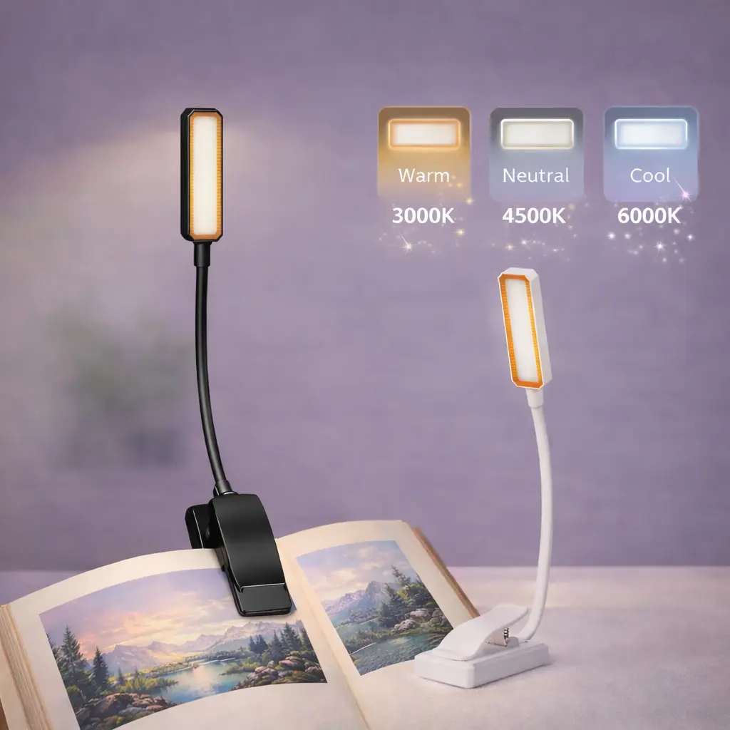 LED Clip Reading Light - Dimmable USB Small Eye Care Tabletop Lamp with 3 Color Modes, 10 Levels Smooth Control, Button Operation, Adjustable Flexible Gooseneck, Durable Portable Design, 15 Hours Use for Bed Headboard, Home Office Book Lights
