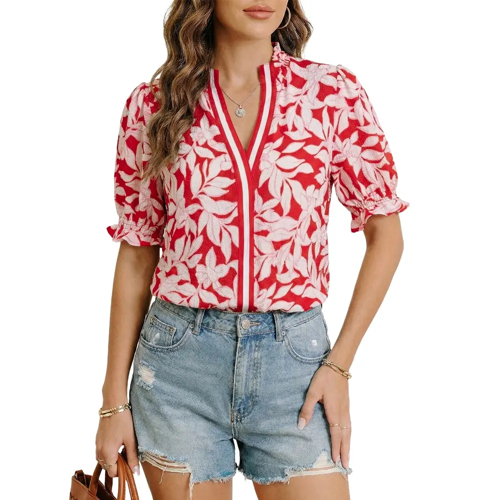 Dokotoo Women's Summer Boho Floral Ruffle Shirt Puff Short Sleeve V Neck Casual Trendy Cute Blouse Tops
