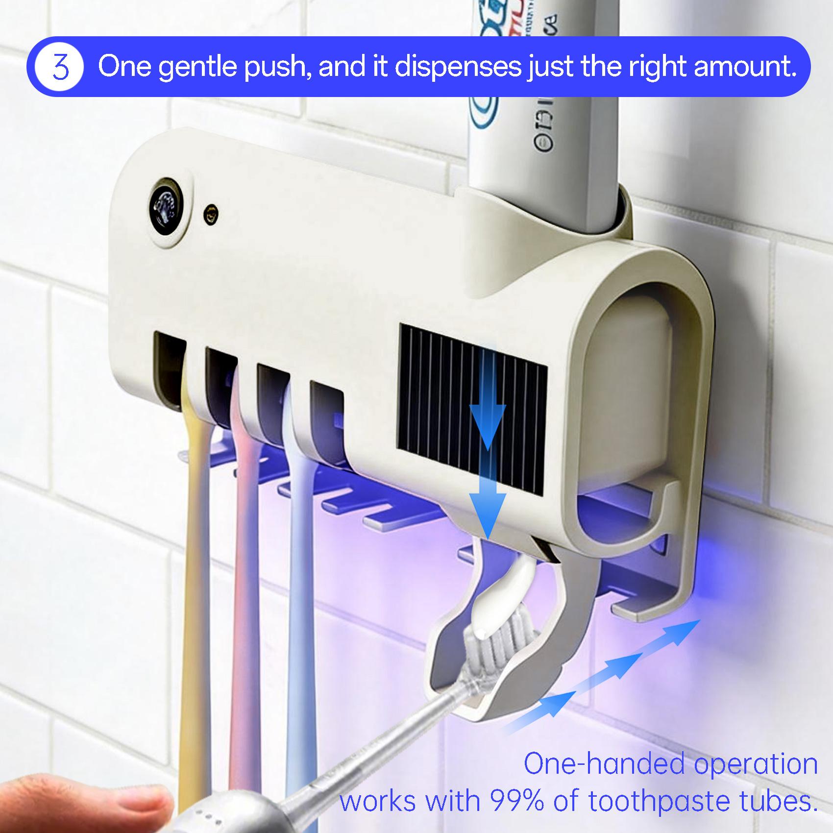 Sanitizing Toothbrush Holder Set, 4-Slot ABS Modern Button Model with Smart Motion Sense & Manual Toothpaste Dispenser - Self-Adhesive No-Drilling Wall Mounted Bathroom Storage Rack for Smooth Flat Surfaces (Compatibility & Smart Design)