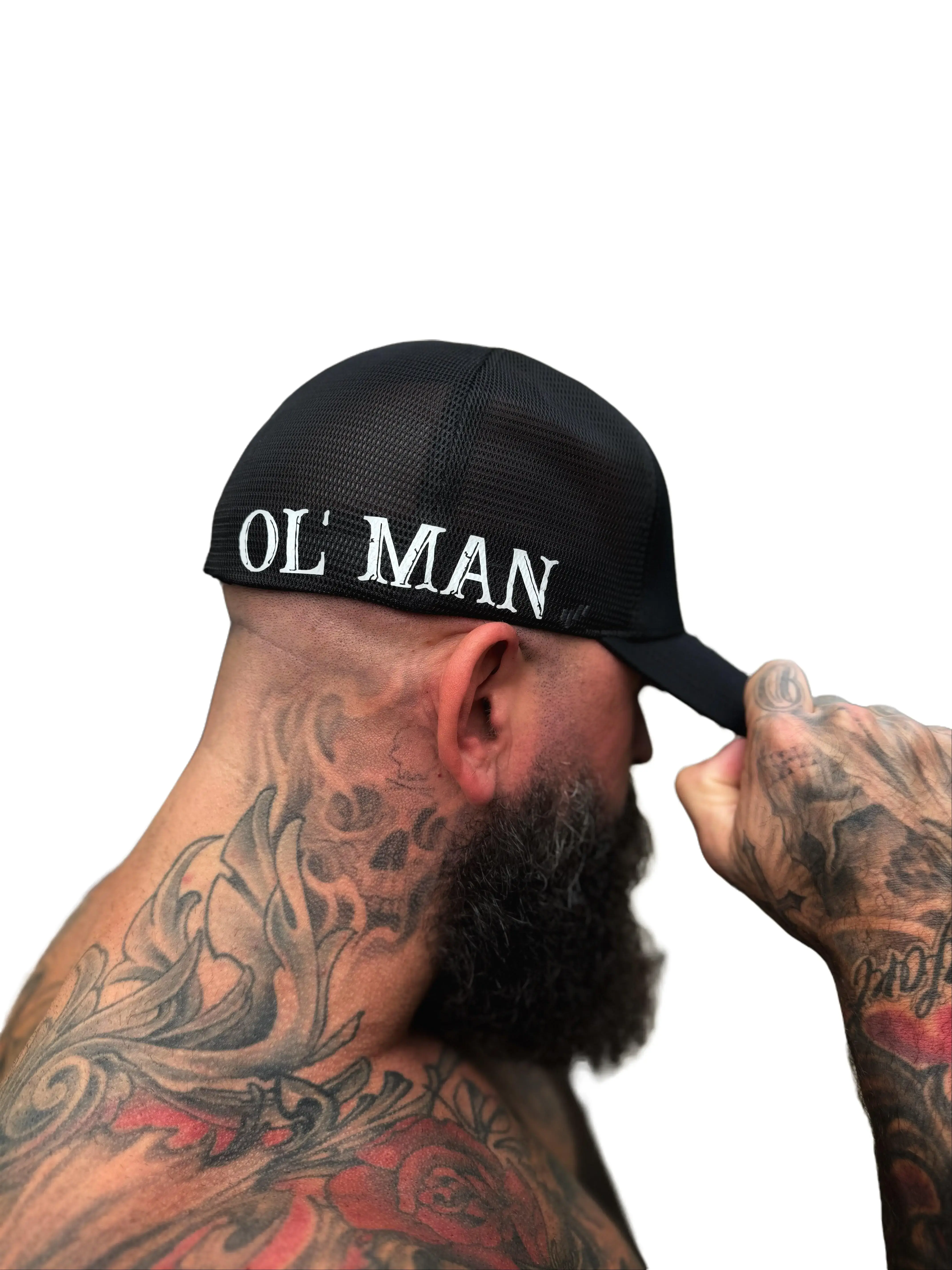 TheDriveClothing OL' MAN Side Slogan Flexfit Hat - Black Unisex Structured Panel Cap, Mid Profile, Breathable Mesh Back, Adjustable Size, Everyday Wear Streetwear Hat
