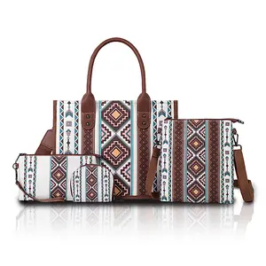 Boho Canvas Tote Bag Set 4Pcs Large Tribal Shoulder Bag with Adjustable Strap Zipper Closure & Wallet Crossbody Purses for Everyday Use, Polyester, Boho Style