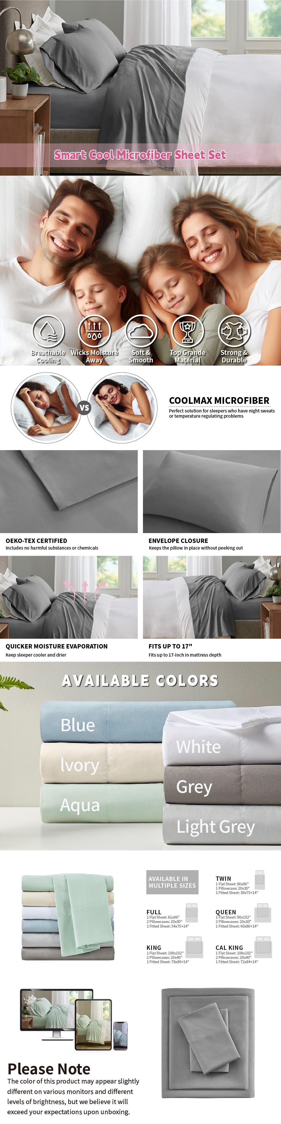 Sleep Philosophy Smart Cool Microfiber Moisture-Wicking Breathable 4 Piece Cooling Sheet Set