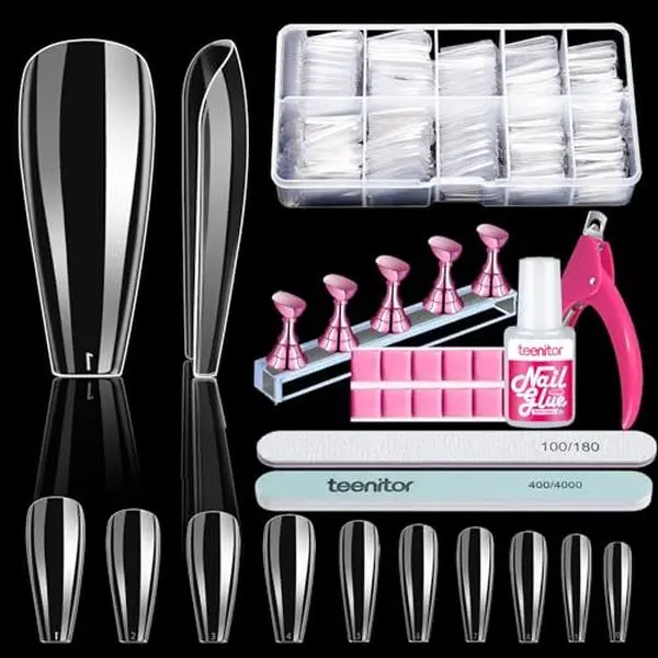 Teenitor 600 Pcs Clear Coffin Nail Tips, Acrylic Nail Kit, Clear Press On Nails, Long Fake Nails Coffin Nail Tips Full Cover, Acrylic Nail Clipper Nail Stand for Nail Extensions
