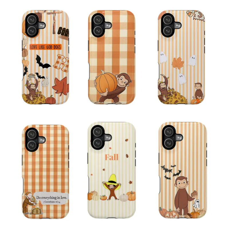 Curious George Autumn Phone Case - Cute Pumpkin Design, PBS Kids Monkey, Orange Plaid, Christian Bible Verse Gift, Accessories for iPhone 17/16/15/14/13/12 SE Max Pro & Samsung Galaxy 21/22/23/24/25 Smartphone, Cellphone, Handheld Devices (Polycarbonate),