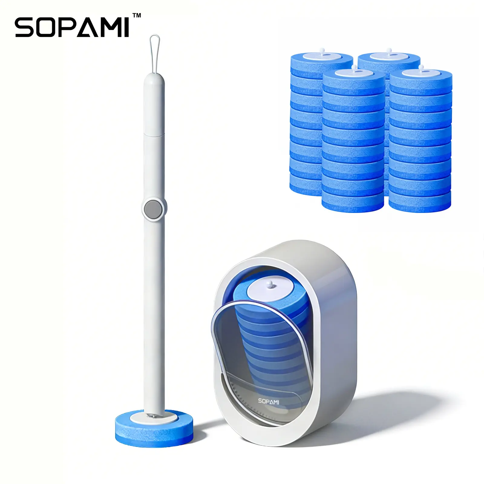 SOPAMI Wall Mount Disposable Toilet Brush Kit with 16/32 Replaceable Brush Heads Rotating Universal Brush Head Deep Clean Toilet Bowl Gap Odor Reducing Mess-Free Bathroom Cleaning Tool