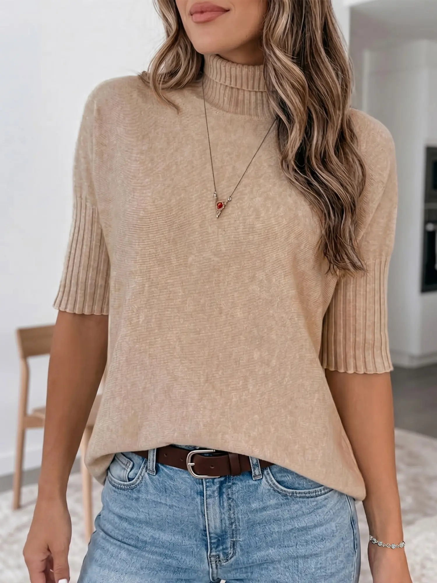 Women's Beige Ribbed Trim Short Sleeve Sweater Casual High Neck Shift Pullover Knitwear Top For Everyday Streetwear And Lounge