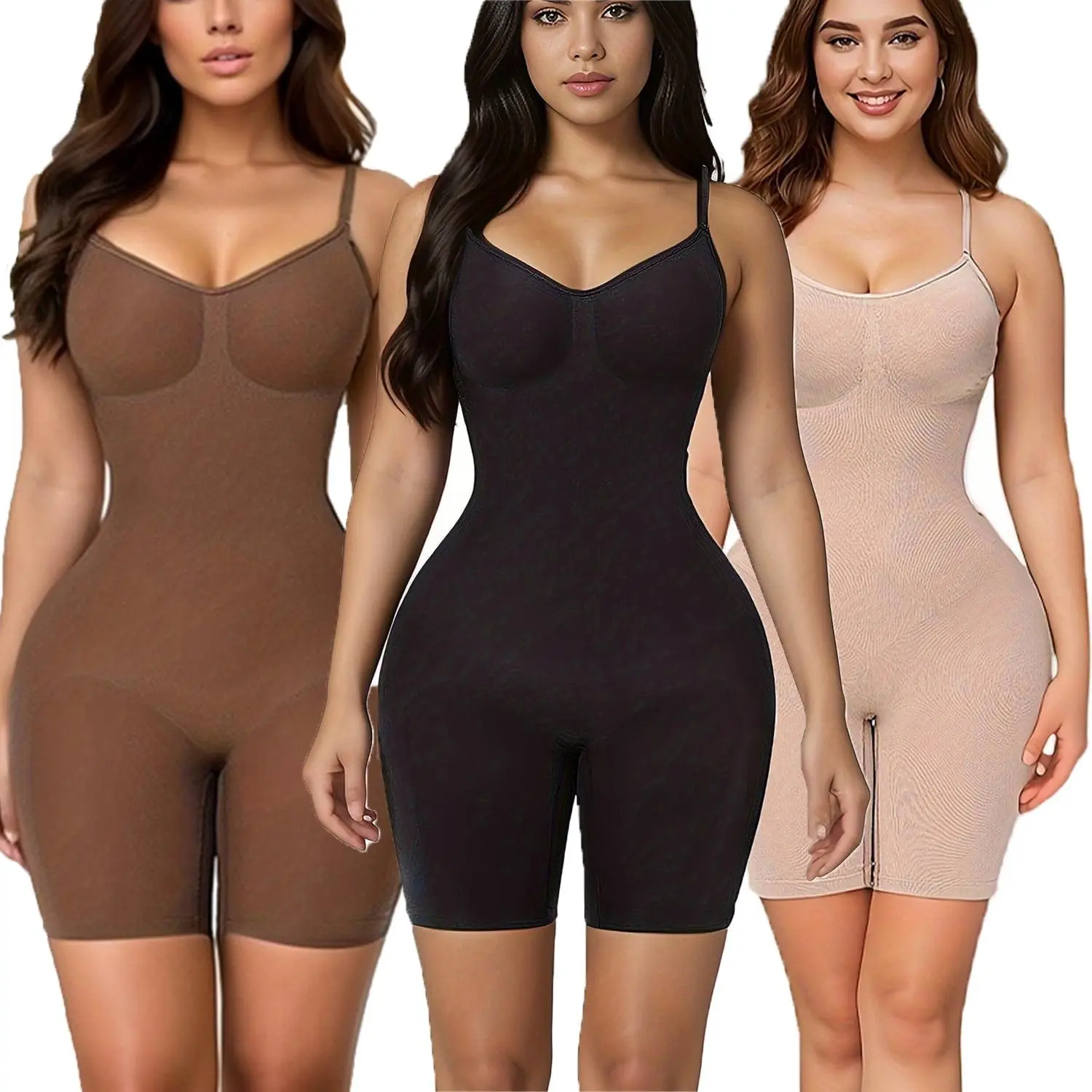 Women's Seamless Shapewear Bodysuit, Mid-Thigh Tummy Control Shaper, Comfortable Elastic Butt Lifter with Adjustable Straps for Feminine Curves, Prevents Slipping, Non-Removable Shoulder Straps