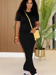 USBOUTIQUE CHIC Women's Stretchy Comfortable Two Piece Outfit Round Neck Short Sleeve Top Flared Pants Casual Everyday Curvy-Friendly Womenswear Clothes