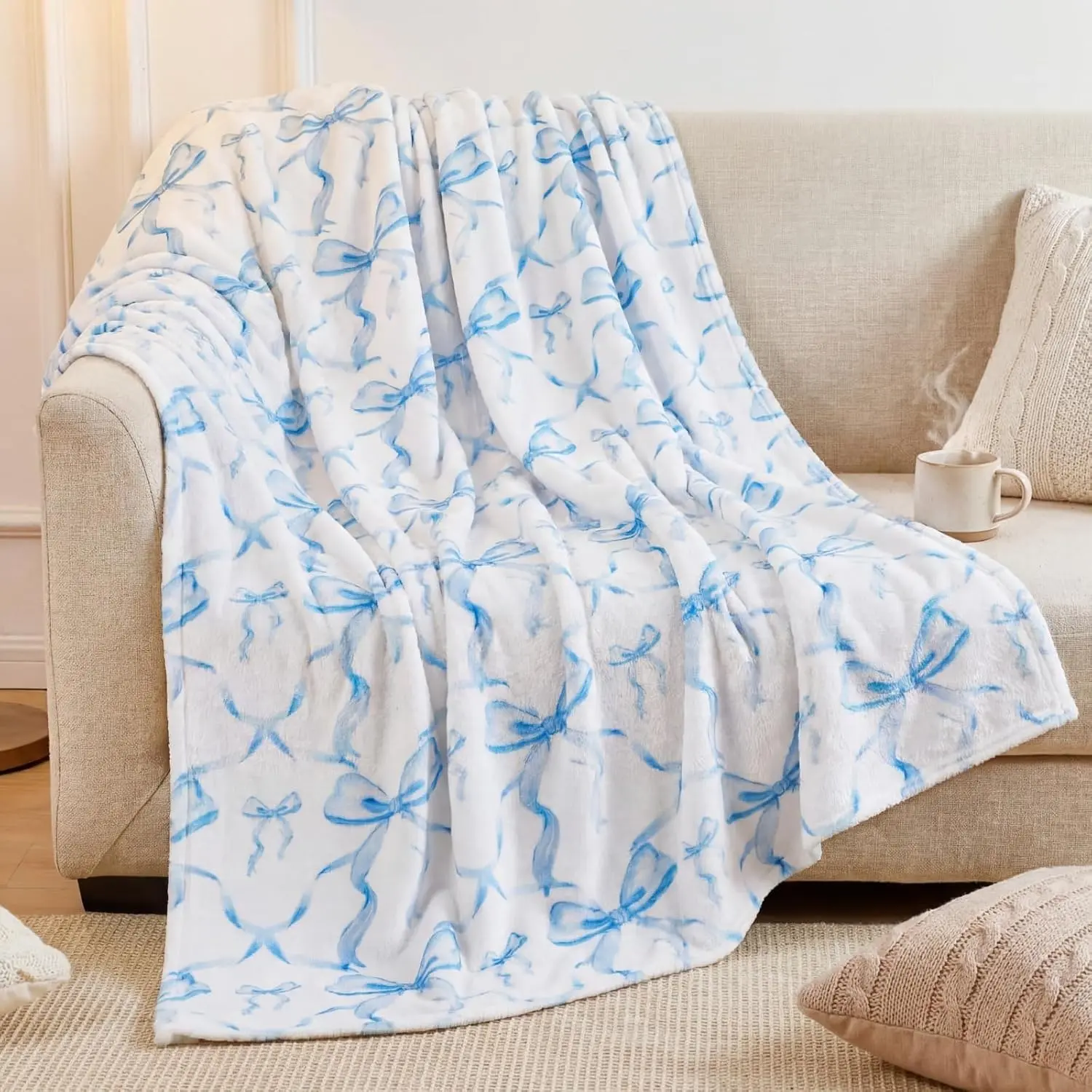 Blue Bow Print Flannel Fabric Throw Blanket - Valentine's Day Gift for Women, Soft Lightweight Preppy Look Bedding, Machine Washable Home & Travel Decor for Sofa Couch, Living Room Decor Accent