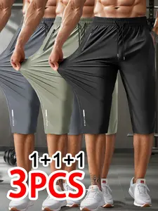 3-Pack Men’s summer high-stretch breathable athletic 7/8 pants—lightweight, non-clingy, with a drawstring waistband—ideal for hot weather workouts, gym training, outdoor cycling, and delivery work.