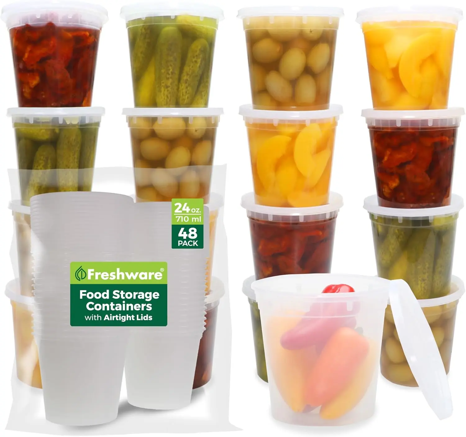 Freshware 48-Pack 24 oz High-Quality Plastic Deli Containers with Lids - Airtight, Dustproof, Leakproof, Stackable, Durable, Microwave-Safe, Reusable, BPA-Free, Freezer-Safe for Fridge Organization & Portion Control
