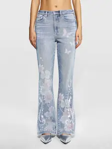 Women's High-Waisted High Stretch Micro-Flared Jeans!  Cute Jeans Vibe Meets Boot Tuck Trend, Bedazzled Details & Still Cool Jeans Appeal! Stuns with Ankle Boots/Loafers, Slims Hips, Lengthens Legs. Soft Durable Denim Flatters All Bodies,for Daily! Elegan
