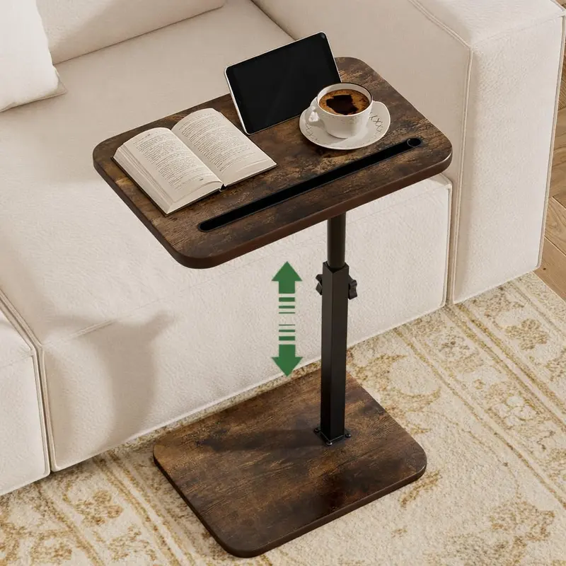 Bamboo C-Shaped TV Tray Table with Wooden Tabletop - 360° Rotation, Adjustable Height, Assembly Required, Built-in Phone & Tablet Slot, Foldable Indoor Furniture for Reading Bedrooms, Bed Side Table